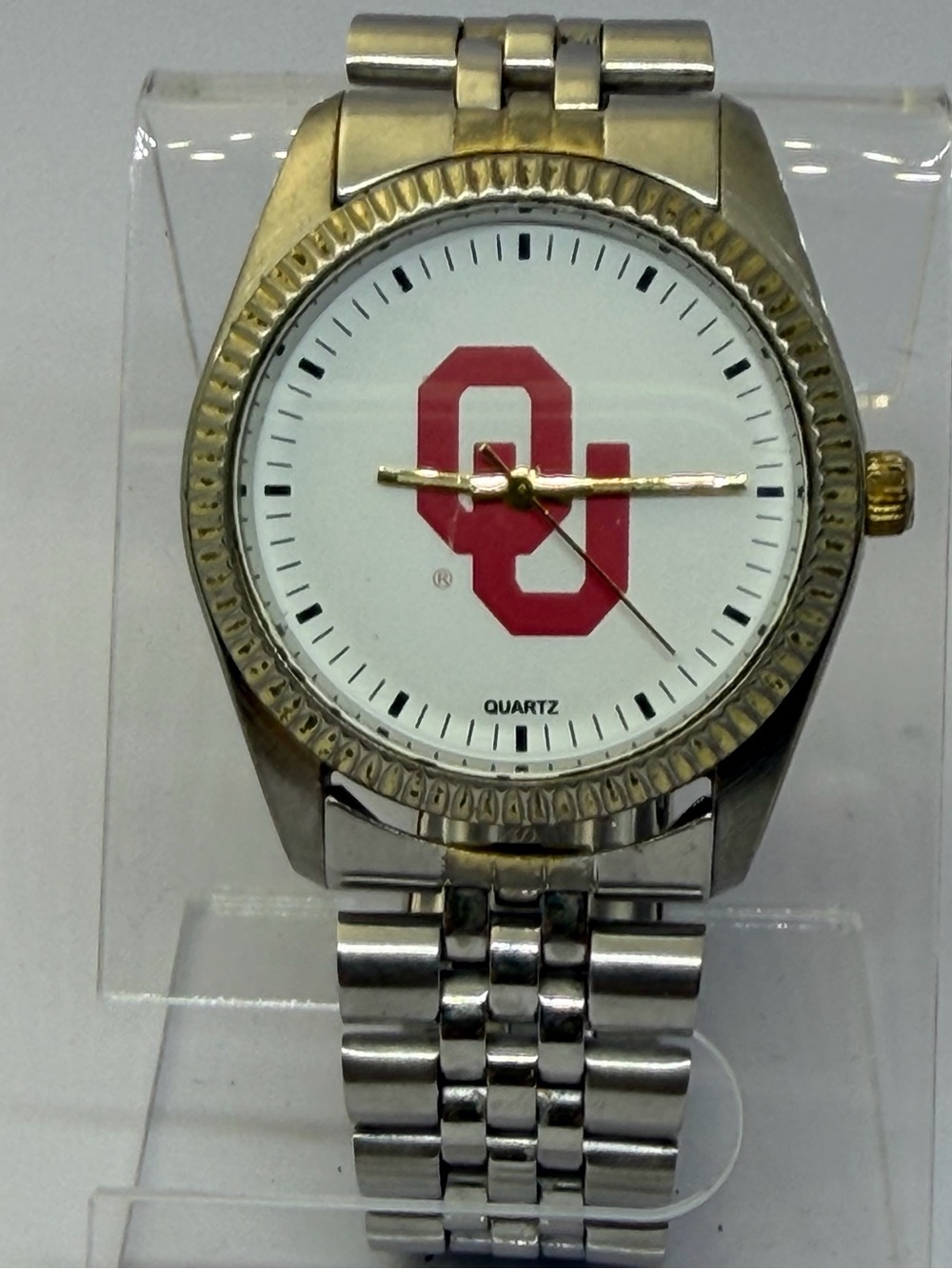 Men's Two-Tone Stainless Steel Quartz Watch with Red Dial Logo